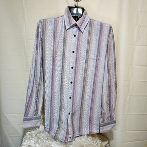 Andrew Fezza Mens Button Front Long Sleeve Cotton Stripe Shirt Large L